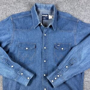 Vintage Wrangler Shirt Mens L 17 Blue Denim Pearl Snap Long Sleeve Made in USA